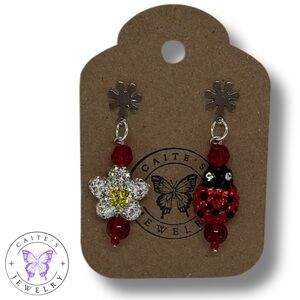 Handmade Silver Flower Stud Earrings with Rhinestone Flower and Ladybug Beads